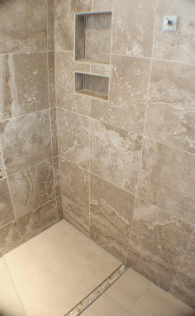 Zero entry shower with deco Shower and Bath Connection, LLC